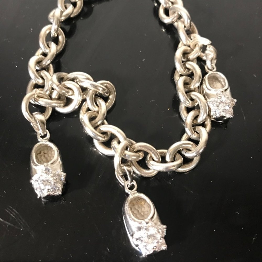 Heavy Sterling Silver 925 Heavy Cable Chain Bracelet Charm Baby Shoes Rhinestone